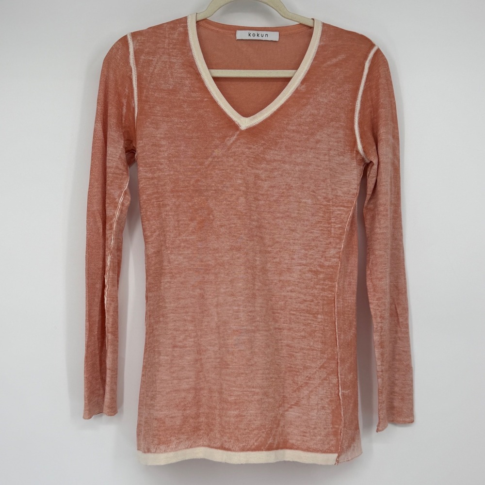 Kokun Bamboo Cashmere Blend Sweater Small Coral V Neck Contrast Seam Lightweight